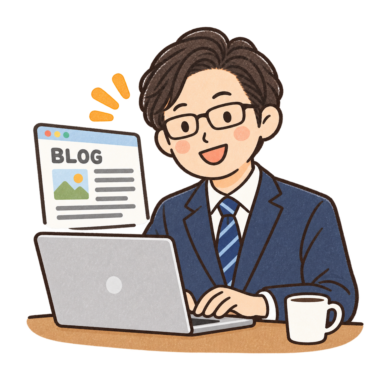 パソコンでブログを書く人物のイラスト
