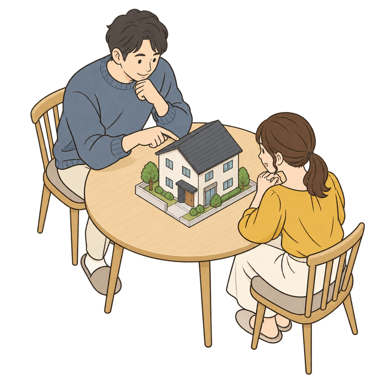 家の模型を囲んで住まいを検討するご夫婦